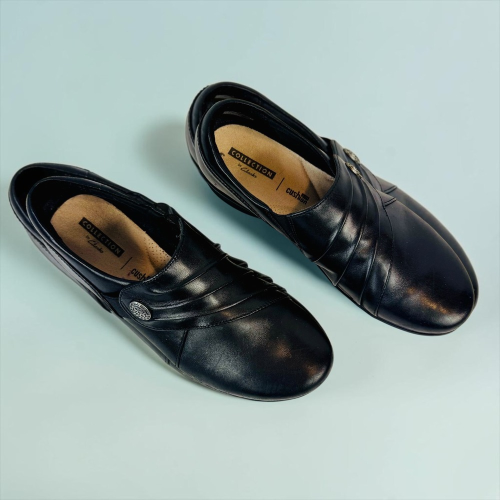 Clarks Collection Hope Roxanne Black Leather Slip On Shoes Women's 6